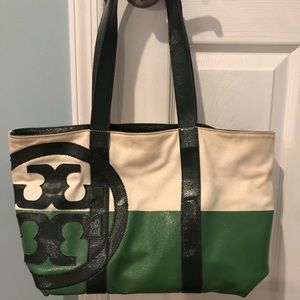 Tory Burch Tote - Green Leather & Beige Canvas